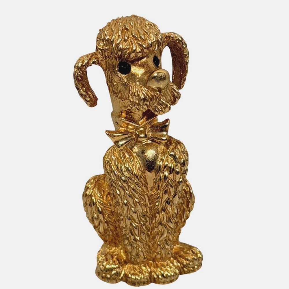 Vintage Boucher Brooch Gold Tone Poodle Textured Dog Pin Bow Tie 1.75in Signed